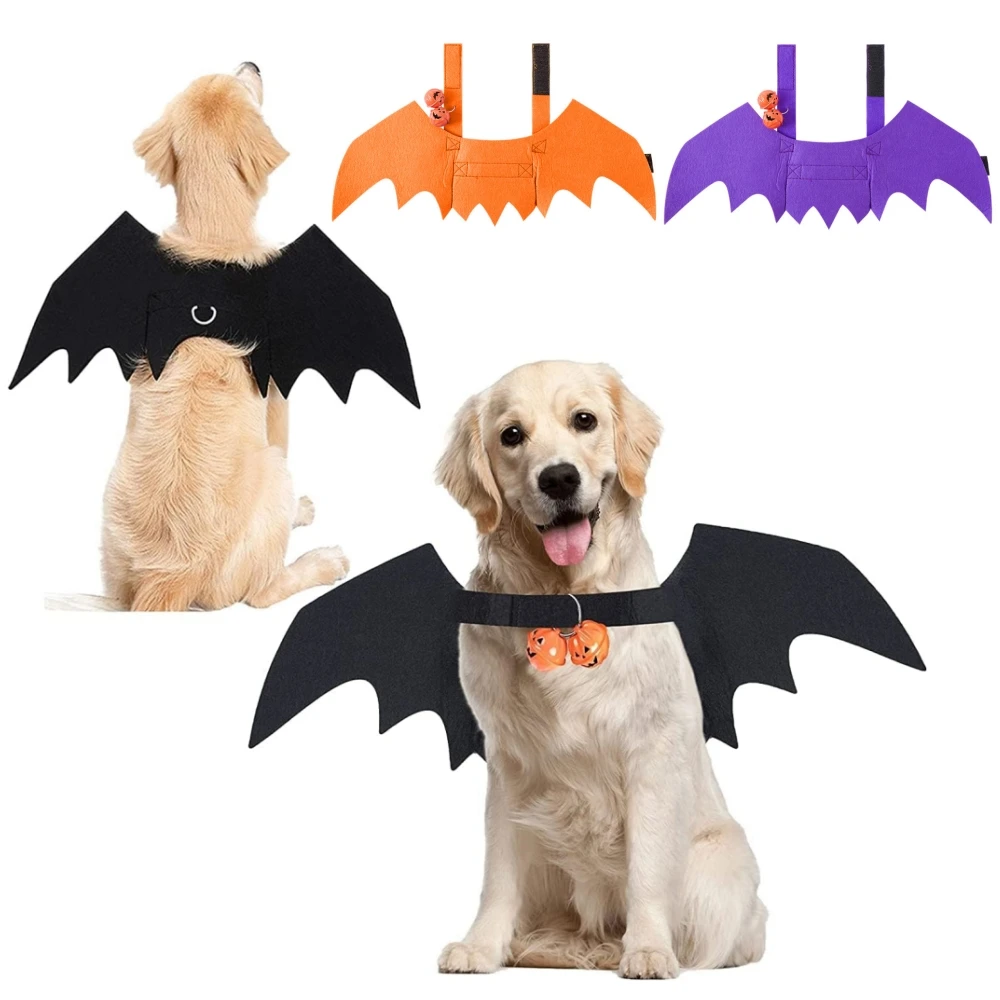 Halloween Cat Bat Wings Pet Costume with Pumpkin Bells for Halloween Party Decorations Cute Puppy Dog and Cat Collar Bat Wings