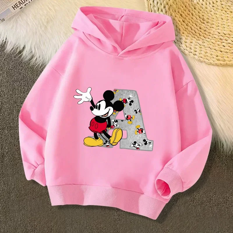 

Disney Anime Manga Cartoon Girls Boys Mickey Children's Hooded Hoodies Letter Sweatshirt Kawaii Pullover Kids Casual Clothing