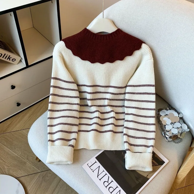 التباين اللون دمية طوق شال مخطط سترة مشغولة من الصوف المرأة الخريف الشتاء جديد التنقل فضفاض تنوعا سترة سترة #5