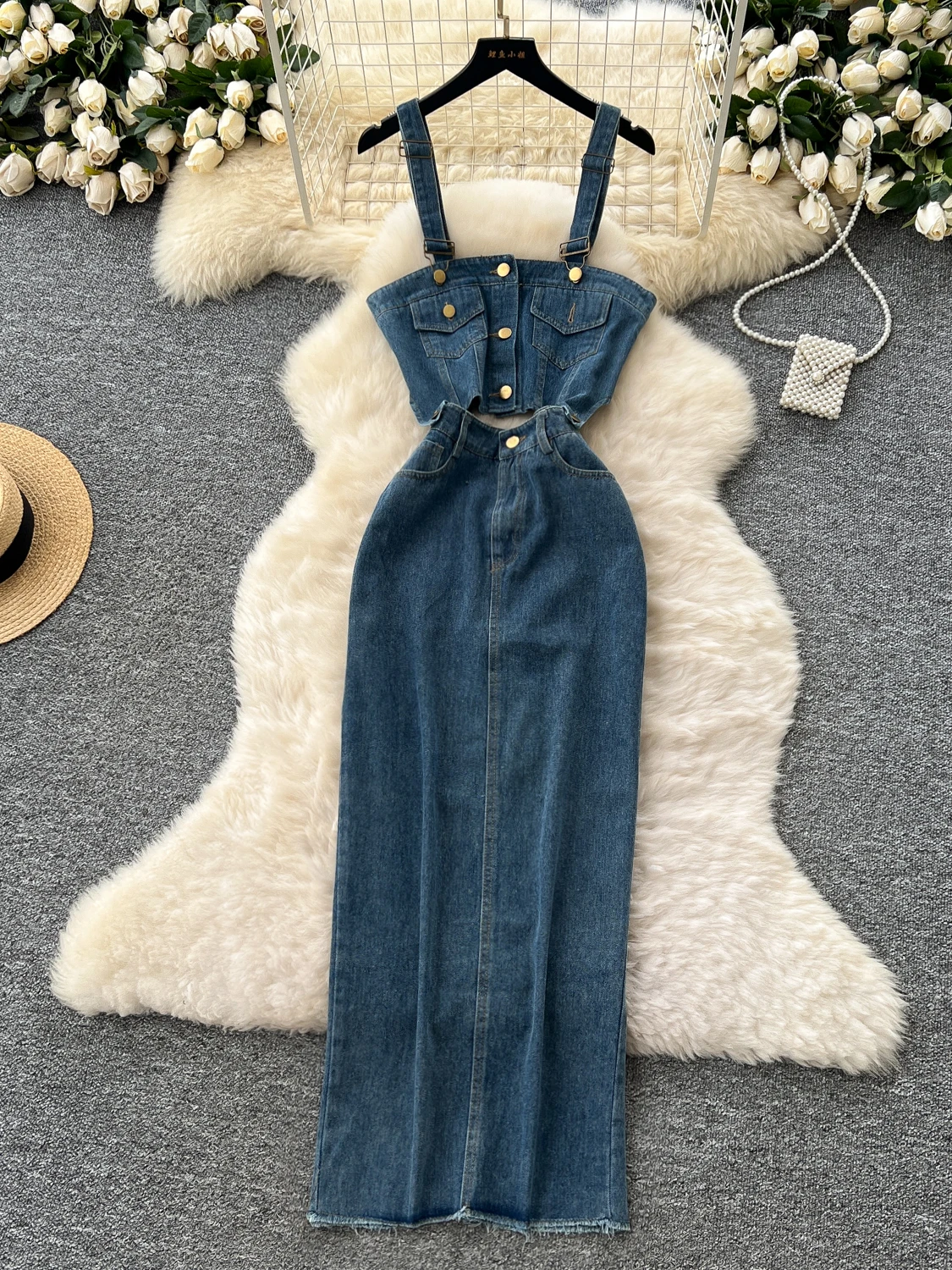 

Women's Denim Top High Waist Skirt Set Soild Color Jean Two Piece Outfit Summer Backless Sexy Slimfit Halter Dresses​