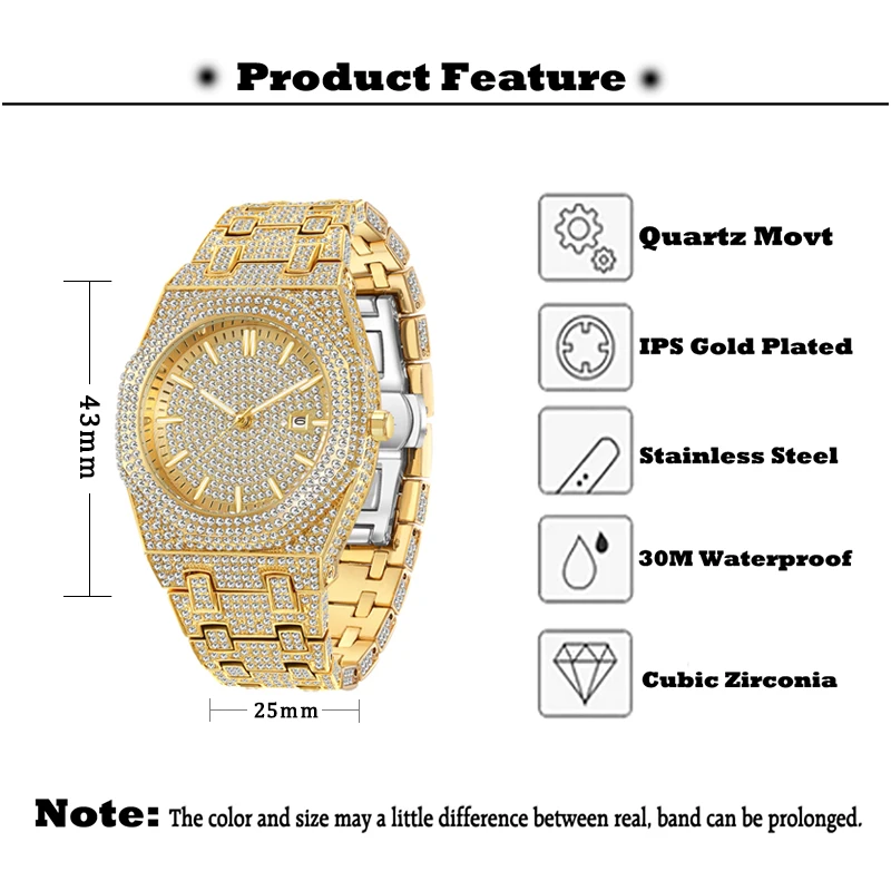 Male Luxury Watch Gold Octagon Diamond Quartz Men\'s Wristwatches Iced Out Calendar Waterproof Clock Look Expensive Dropshipping