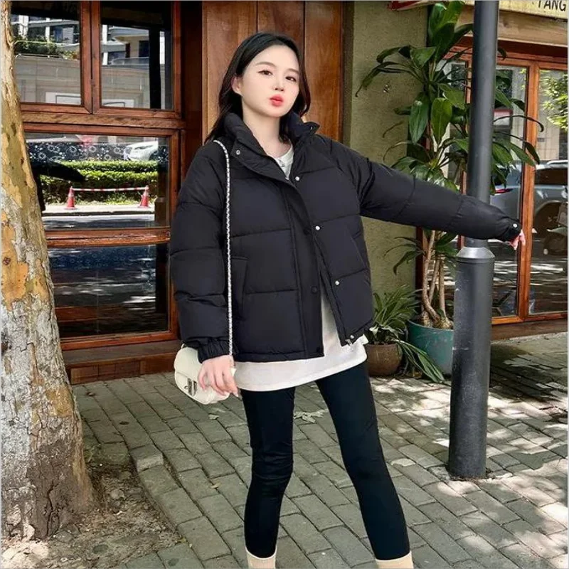 Winter Women\'s Fashion Padded Jacket Cotton Jacket Short Bread Suit Solid Color Casual Stand Collar Thickened Warm Loose Coat