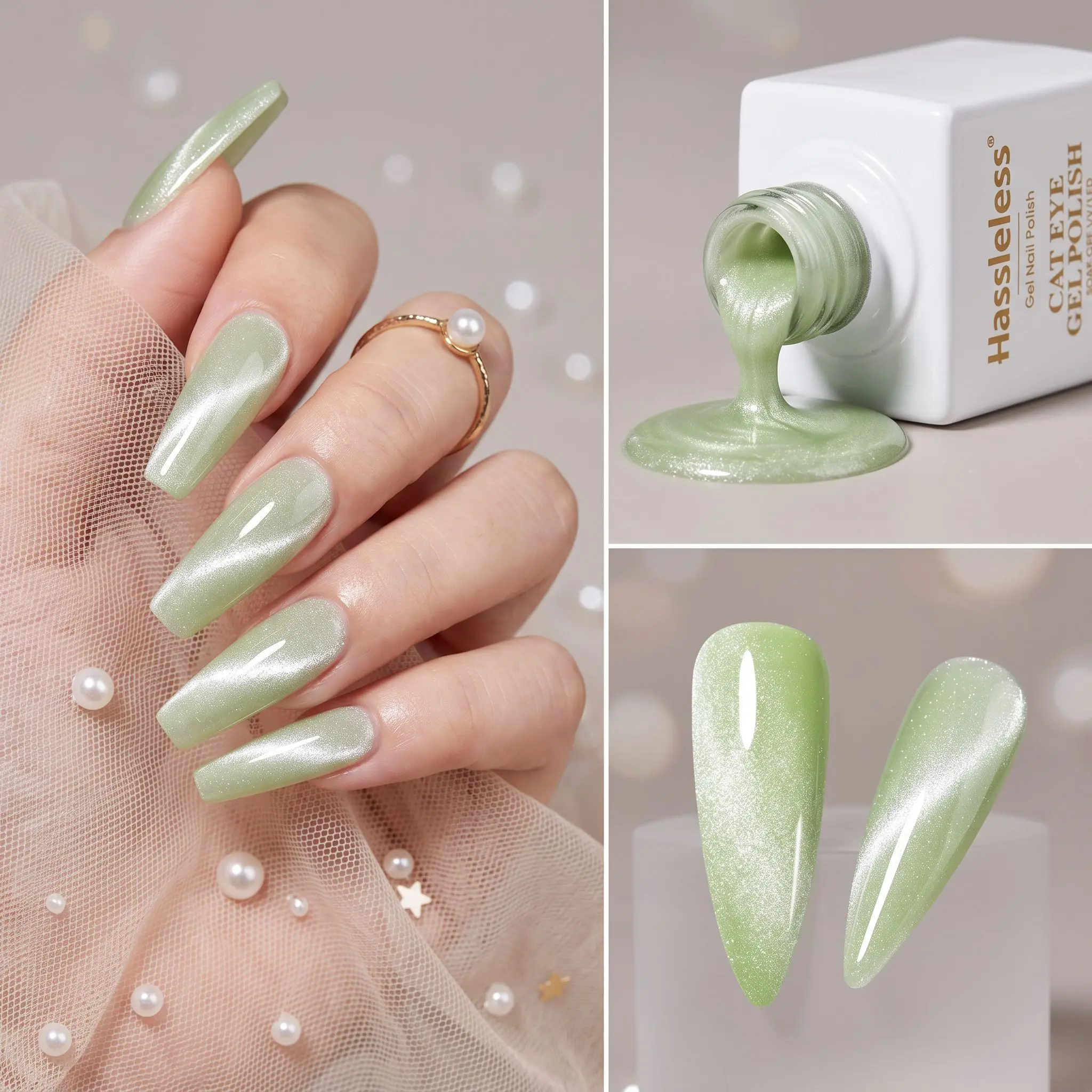 Hassleless Cat Eye Gel Polish is suitable for home and salon manicures, featuring an aurora cat eye effect, and is a colored gel designed for curing and daily use