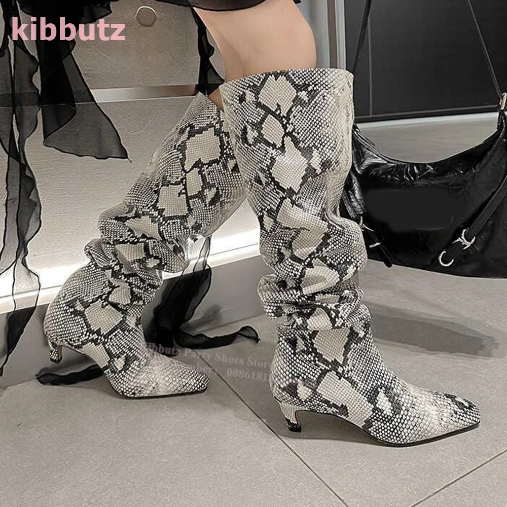 Snake Print Boots Knee High Genuine Leather Square Toe Kitten Heel Slip On Large Cylinder Fashion Sexy Concise Women Shoe Newest