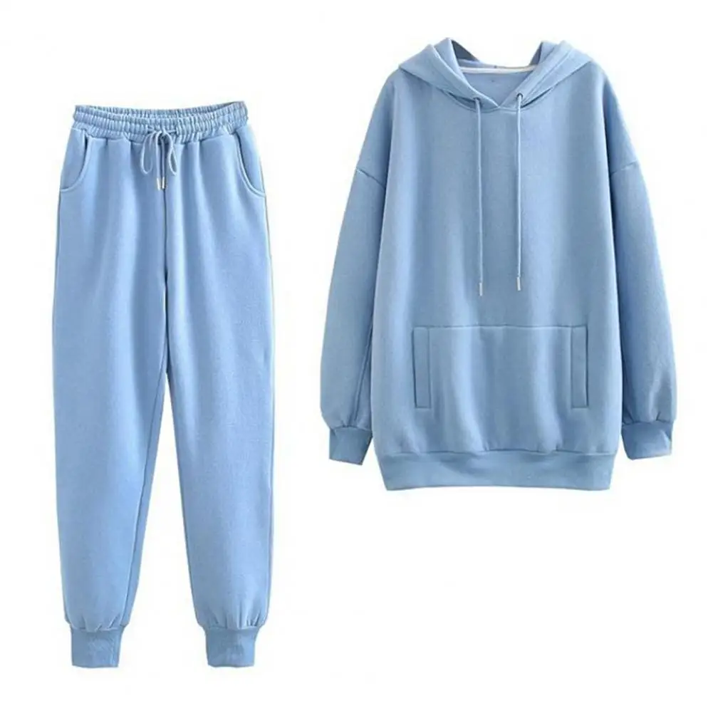 Women Tracksuit Hooded Sweatshirt and Sweatpants Solid Color 2 Piece Set Autumn Winter Warm Casual Female Suit