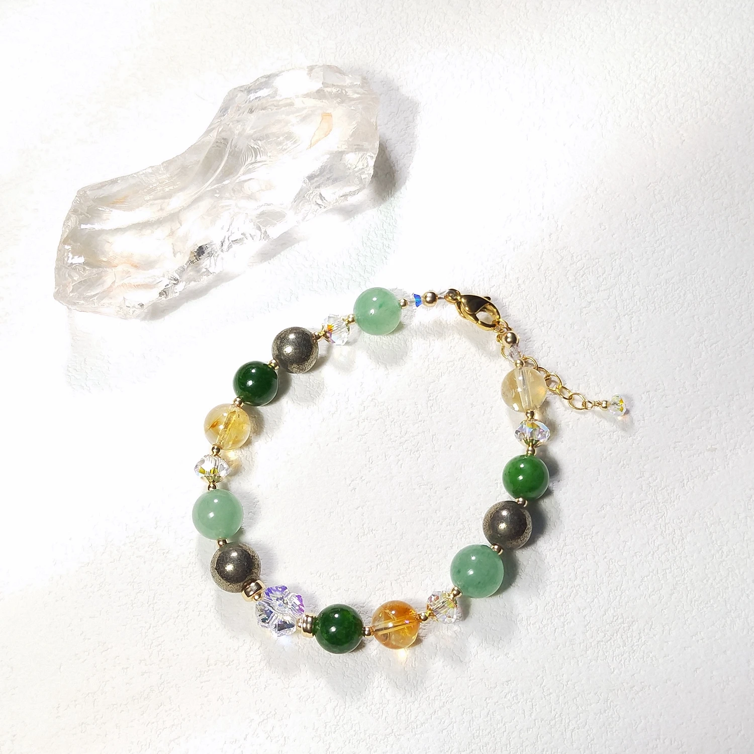 Lii Ji 8mm Green Jade Citrine Aventurine Pyrite Beaded Bracelet American 14K Gold Filled Bracelet