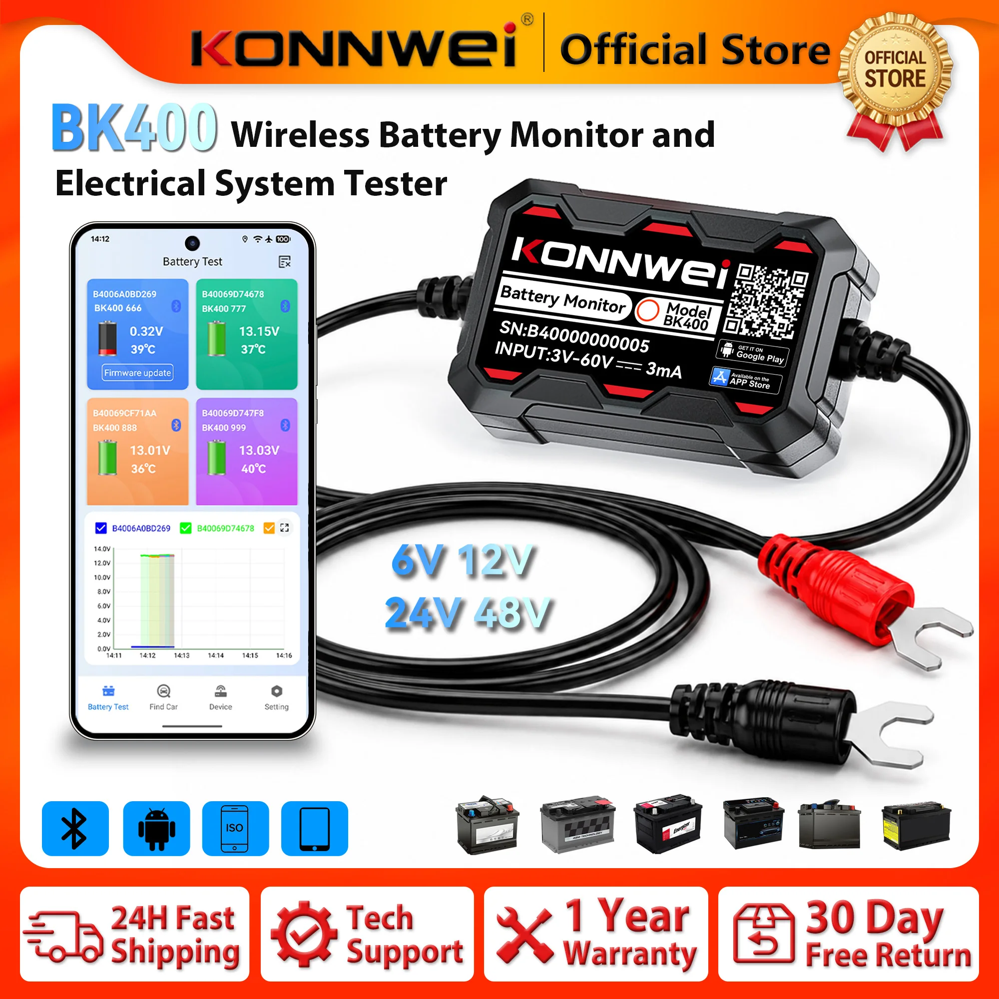 KONNWEI BK400 12V 24V 48V Car Wireless Bluetooth Battery Monitor Electrical System  Tester Battery Health APP For Android IOS