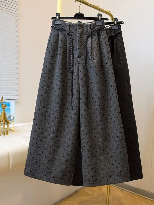 

Retro Polka Dot Wide Leg Pants High Waist Loose Fit Autumn Winter plus Size Women's Slimming Trousers Straight Cut Long Pants