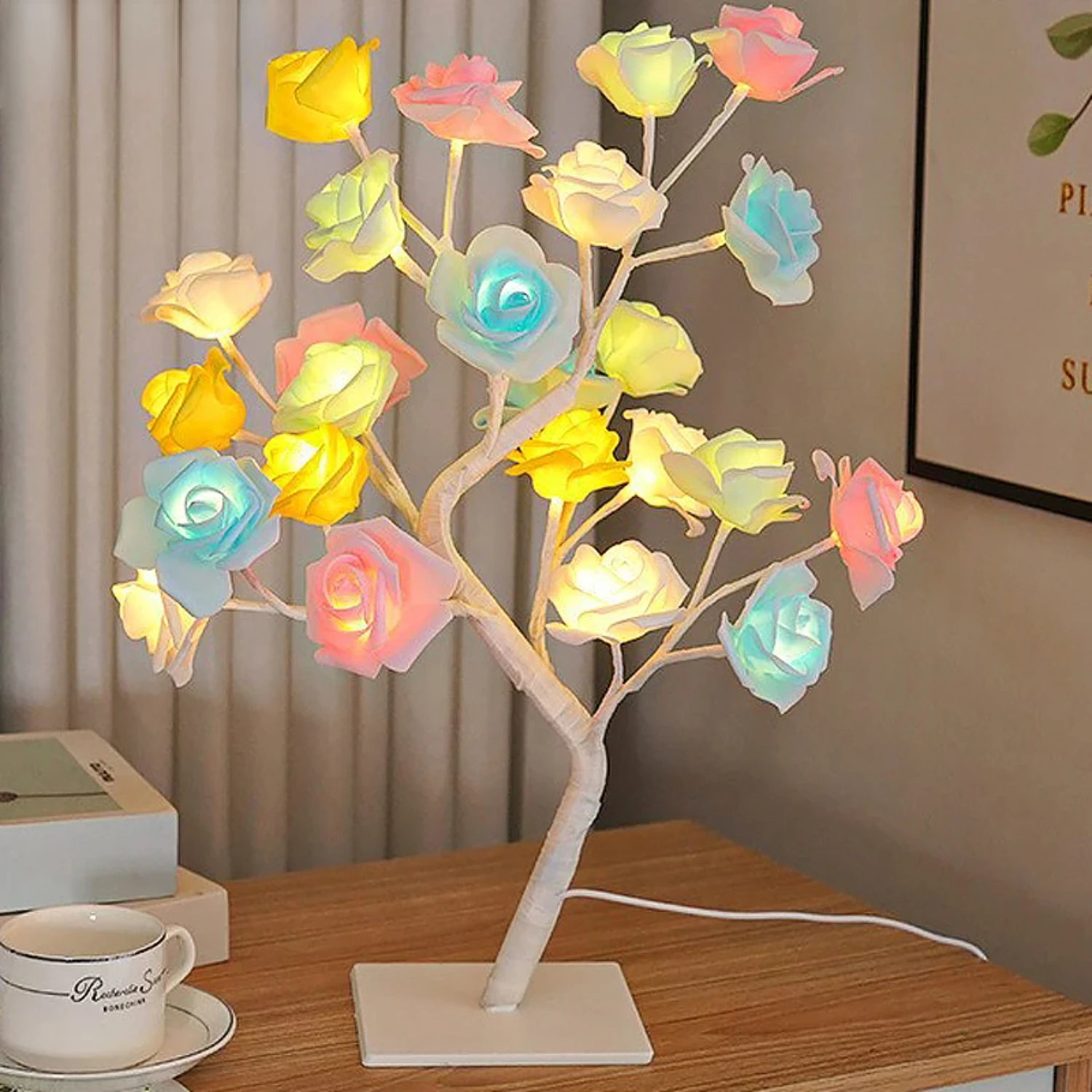 Beautiful USB Operated Table Lamp - Unique Design with 24 Exquisite Rose Heads - Fairy Tree Lights Perfect for Wedding, Valentin