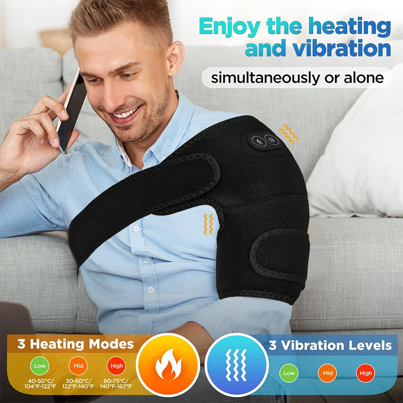 وسادة تدفئة الكتف المحمولة ومدلك، لفافة كتف اهتزاز التسخين، دعامة كتف لتخفيف الآلام، دعم الكفة الدوارة