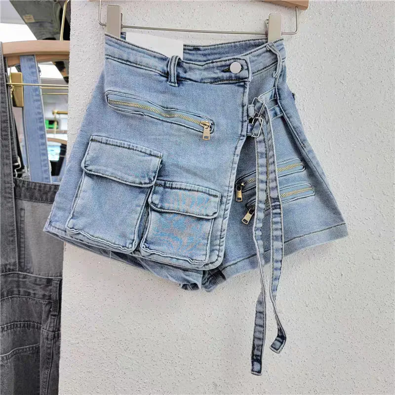 Korean-style Irregular Multi-pocket Design Cargo Shorts, Women's 2025 Summer New Loose Street Personality Lace-up Denim Culottes
