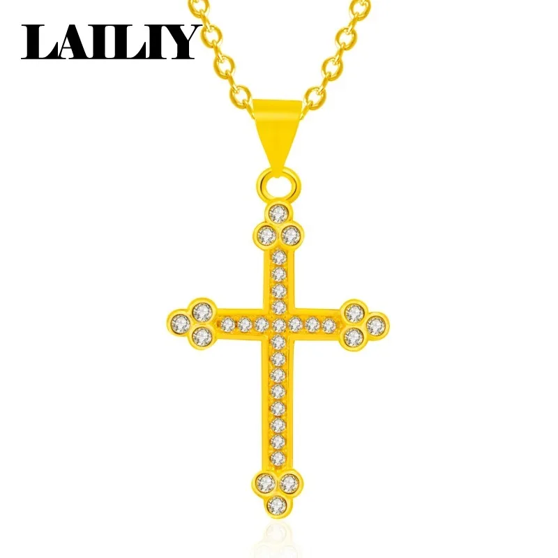 LAILIY925 Sterling Silver 18K Gold Diamond set Vintage Anka Cross Pendant Necklace For Men Women Fashion Jewelry