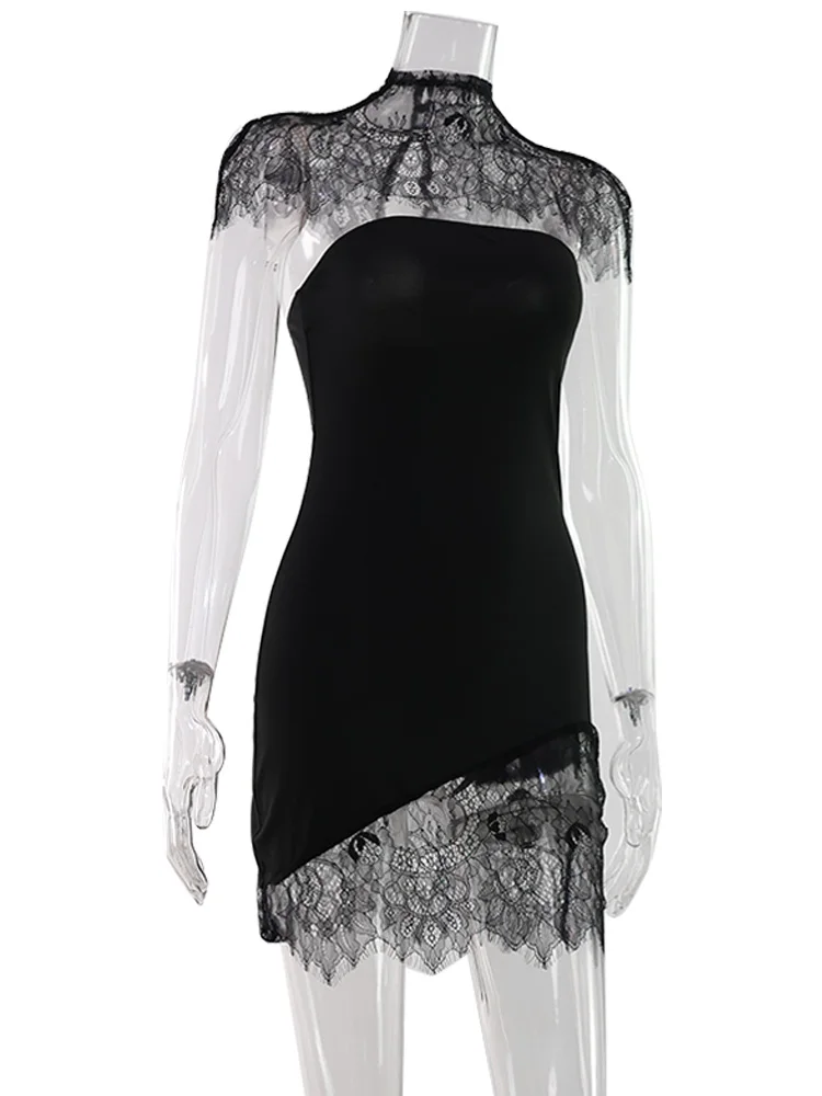 Ahagaga Sexy Women's Mini Dresses Solid Patchwork Lace Slash Sleeveless Sheath Bodycon Sheer Regular Casual Streetwear Vestidos image 6