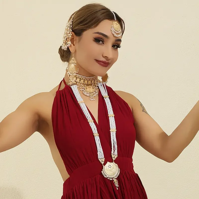 5pcs/Set Luxury  Bollywood Style Hollow Out Metal Handmade Beads Tassels Headwear+Dangle Earrings+Necklace，Jewelry Set For Women