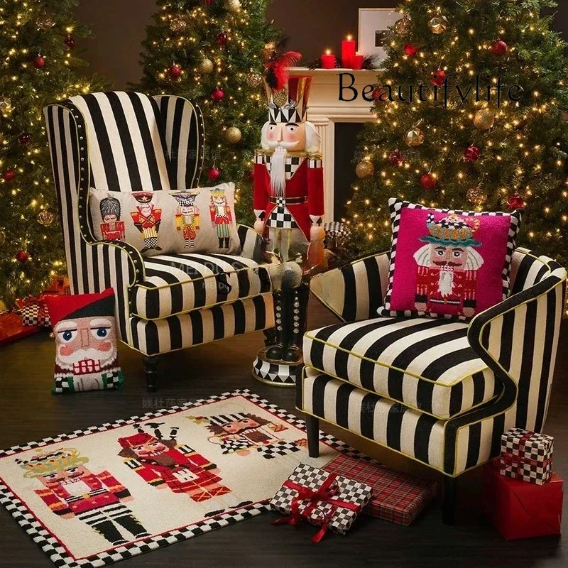 I Ss American Country Black And White Striped Single Sofa Chair French Retro Living Room Casual High Back Tiger Chair