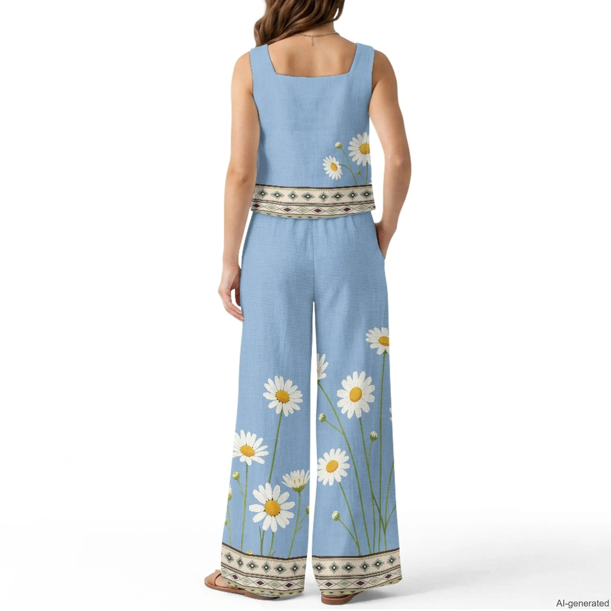 XIXIRIMIDO Women's Linen Two Piece Daisy Print Sleeveless Tops Wide-Leg Pants Lounge Set Beach Vacation Outfits with Pockets