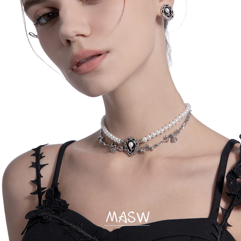 MASW Original Design Retro Jewelry Flower Black Charm Simulated Pearl Choker Necklace For Women Girl Wedding Gift Luxury Style