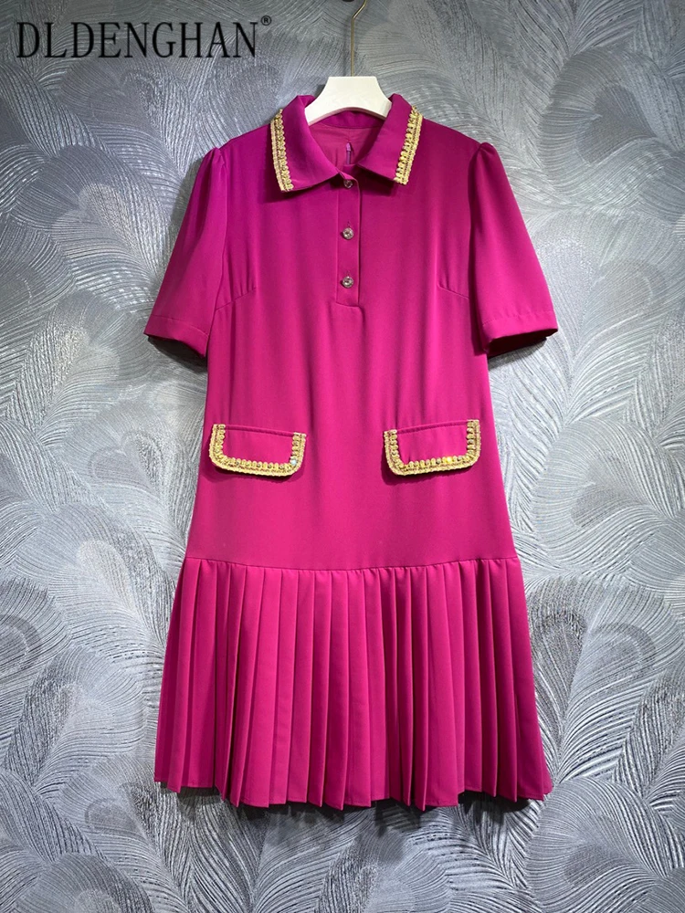 

DLDENGHAN Spring Dress Women Turn-down Collar Short Sleeve Crystal Button Solid Color High Street Pleated Desses Fashion New