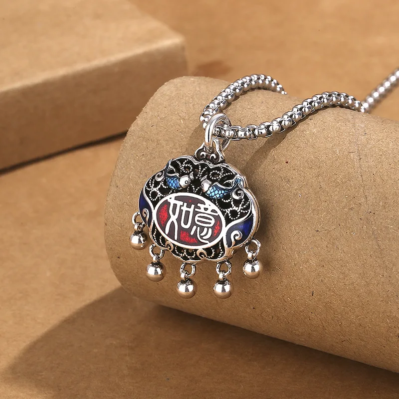 Cloisonn é enamel Ruyi long life lock necklace for women, vintage tassel sweater chain pendant jewelry.