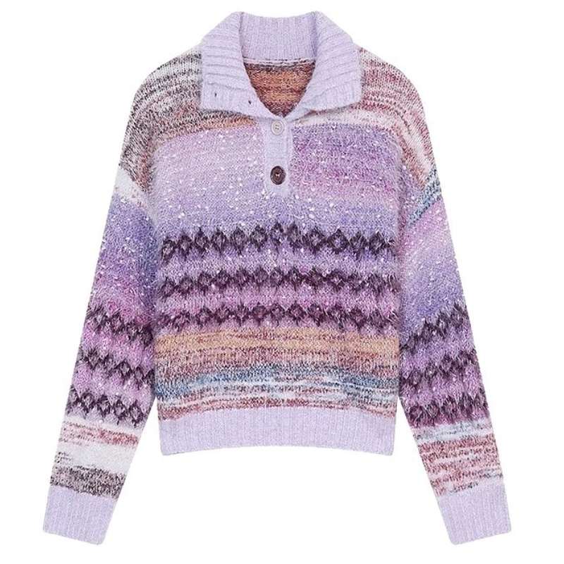 

Women Gradient Knitted Pullovers Jumpers Jacquard Sweaters Shiny Threads Turn Down Collar Loose Fit Casual 2025 Autumn Winter