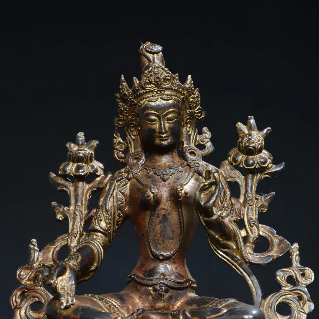 20cm Nepalese Tibetan Bronze Clay Gold Red Sand Green Tara Ornament