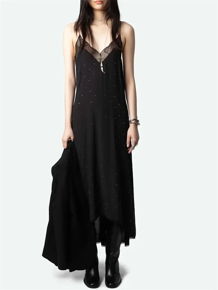 Negro Jacquard mujeres encaje costura 100% viscosa caliente decoración de diamantes de imitación Sling Robe novedad de verano