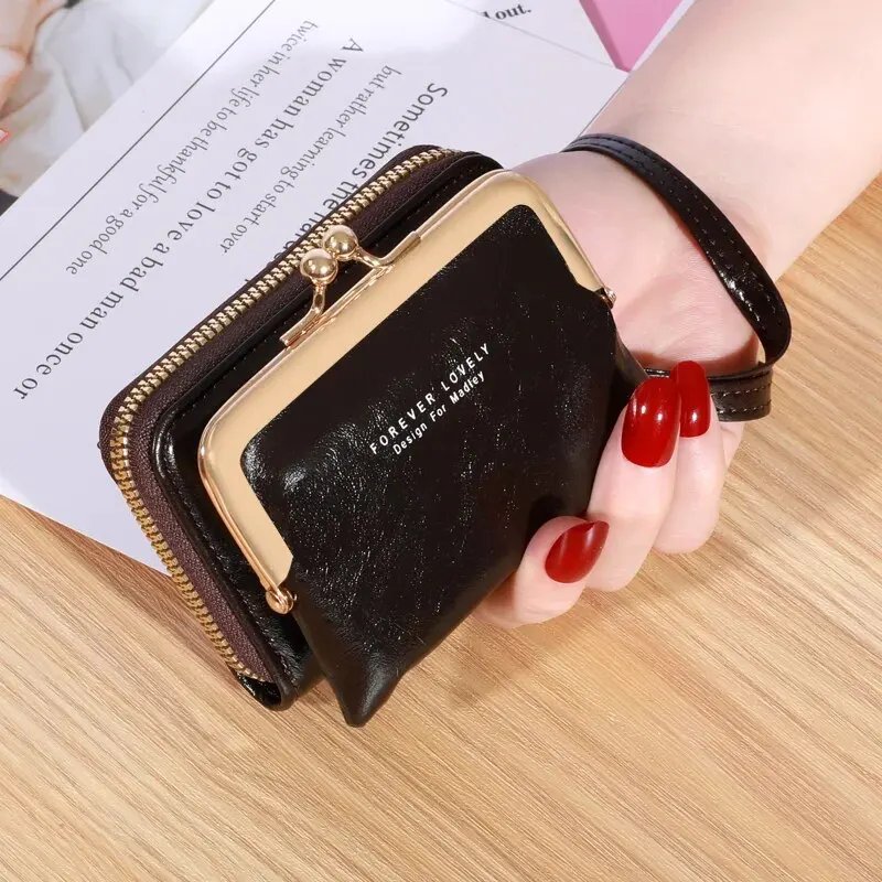 Cartera con correa para la muñeca para mujer, cartera corta de cuero con cera de aceite, Zero, gran capacidad, bolso con letras, tarjetero