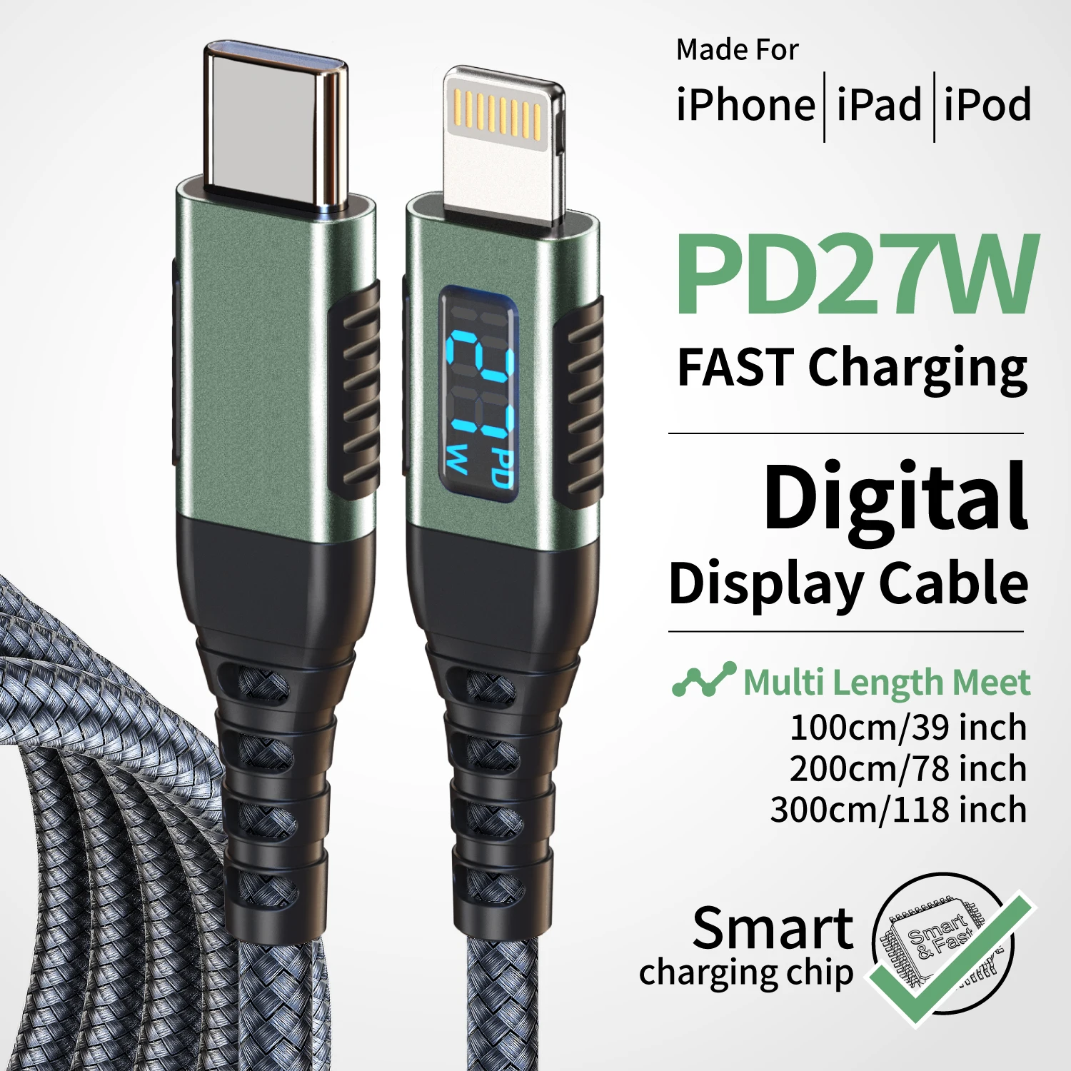 Kabel USB-C do Lightning PD 27W z szybkim ładowaniem i wyświetlaczem LED, linka do transmisji danych dla iPhone'a 14-8 z inteligentnym wyświetlaczem mocy