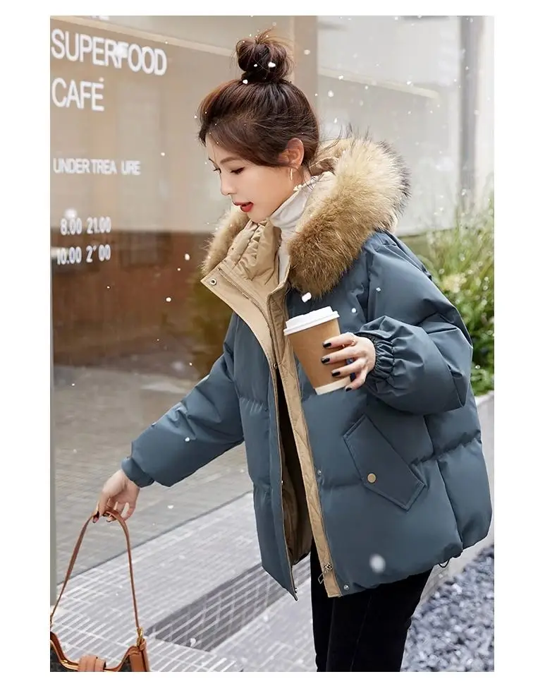 Down Cotton Jacket For Women Short Thickened 2026 Winter New Big Fur Collar Loose Cotton Coat Women's Warm Hooded Jackets Parker
