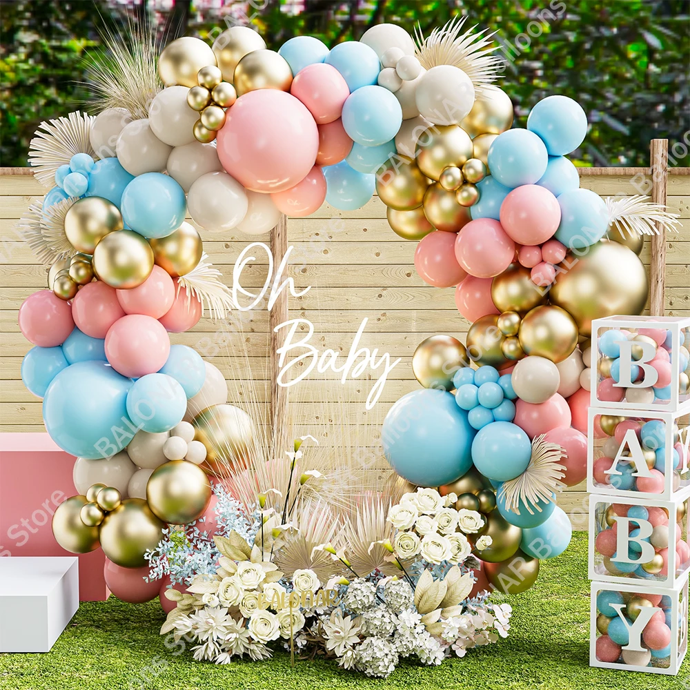 

150PCS Gender Reveal Balloon Garland kits Macaron Pink Macaron Blue Metal Gold Latex Balloons for Birthday Party Wedding Decor