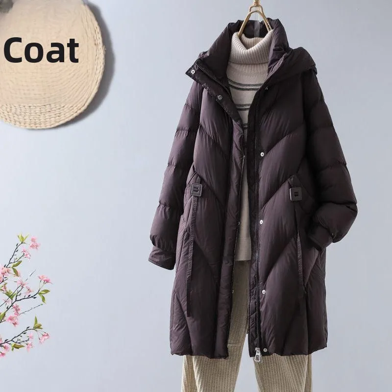 

White Du down Puffer Jaet Women's Loose Fit Mid-Length Thiened Winter Coat Sli Slimming Hooded Commute Sle