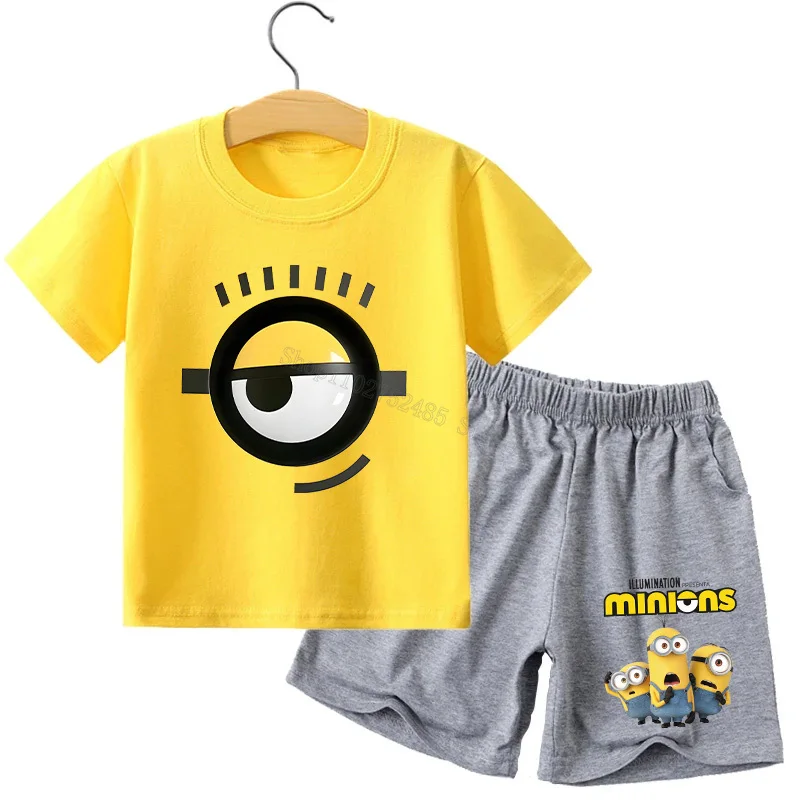 Minionses T-shirt Pants Suit Anime Despicable Me 4 Children's Clothing Sets Kids Tee Tops Shorts Summer Clothes Boutique Outfits