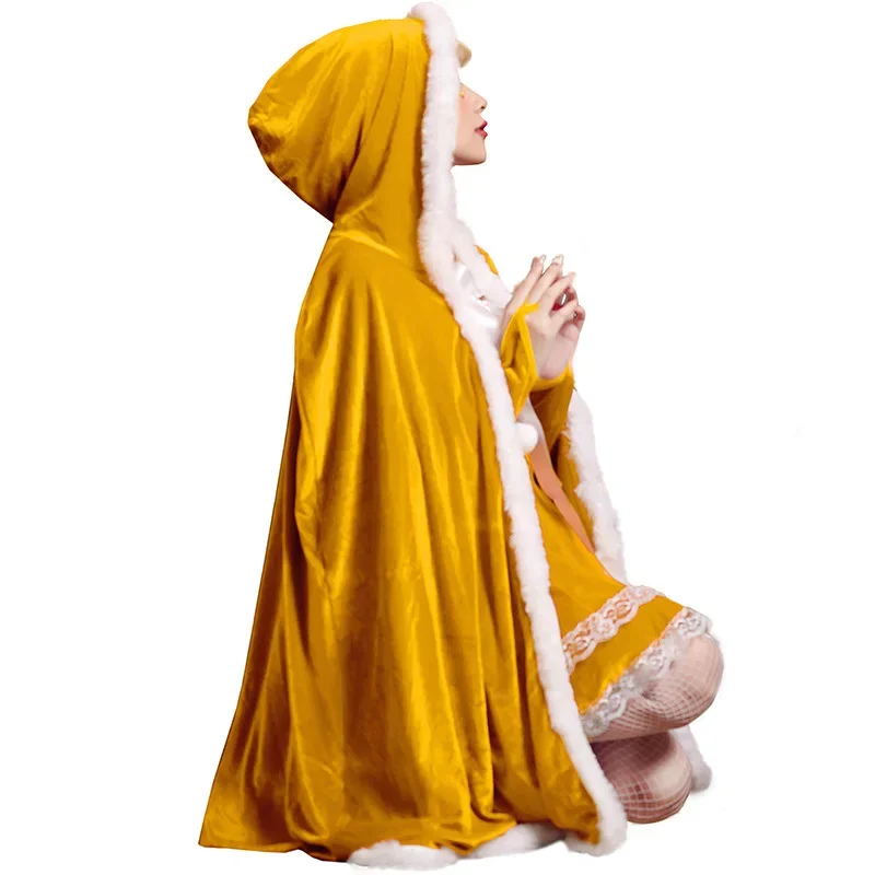 

2025 Cosplay for Christmas Long Fluffy Hooded Cape Robe Santa Claus Cosplay Warm Coat New Year Party Costume King Queen