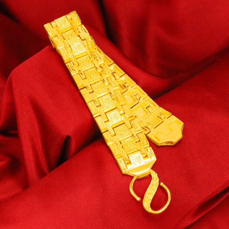 

Luxury 24K 9999 Pure Gold real gold Men's Wide Fu cai Watch Chain Cuban Bracelet