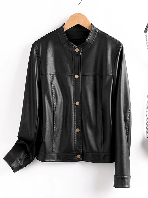 Kurtka motocyklowa damska ze skóry naturalnej na wiosnę 2025, skóra bydlęca, krój regularny, dojazdy do pracy, długa, okrągły dekolt, pojedyncza...