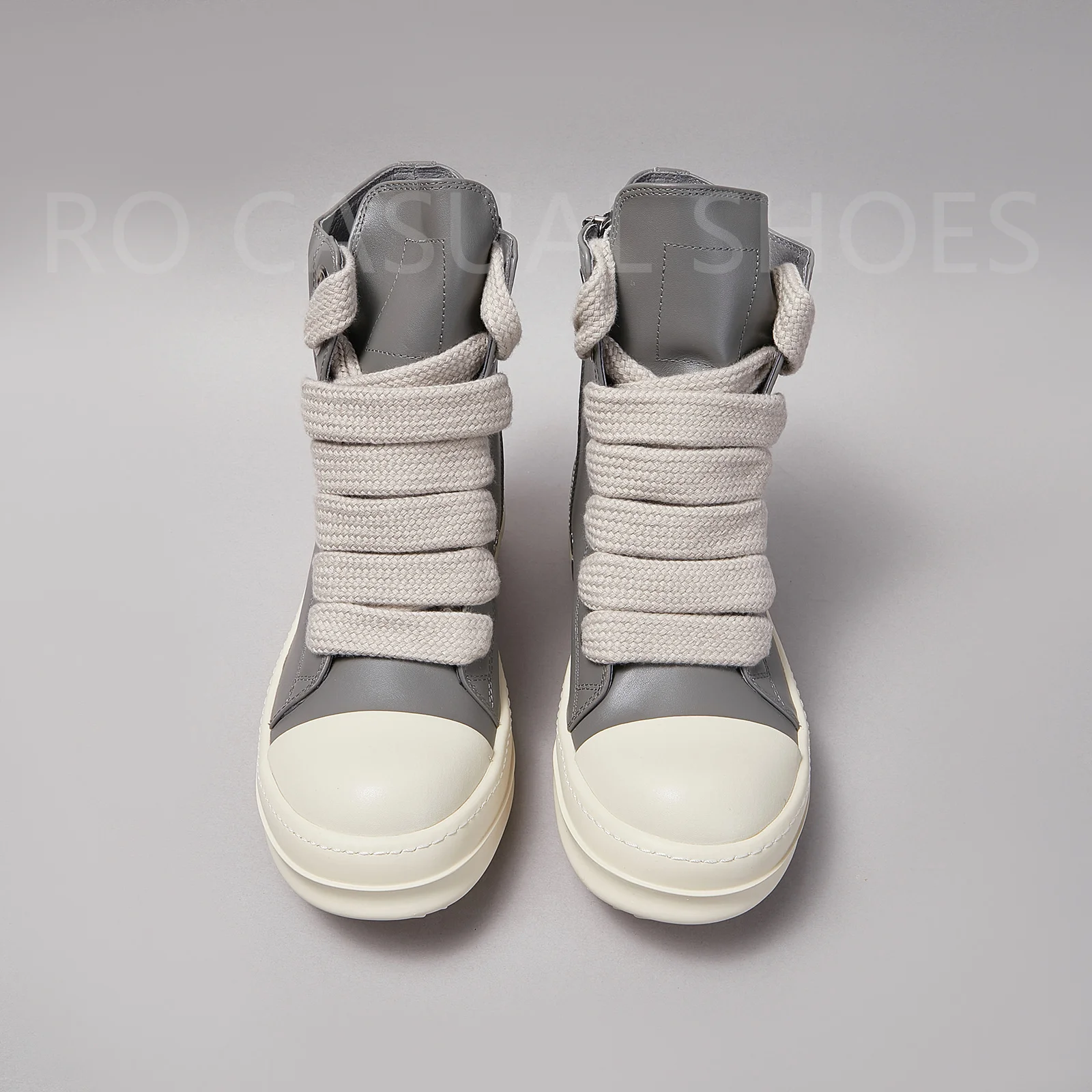 Ricks Genious Grey Leather Jumbo Lace High Top Owens Quality Men Shoe Women Sneaker Casual Zipper Owens Design boots & Shoes