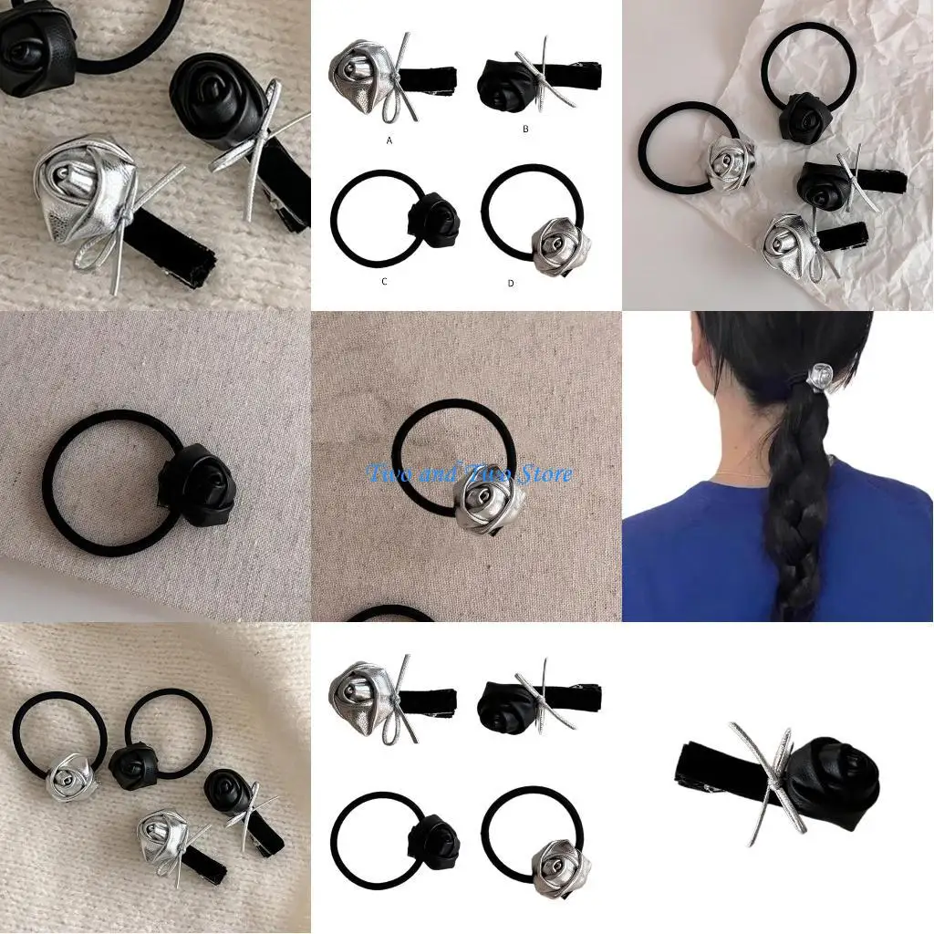 

HX6F Sweet 2000s Girls Hairpins Silver Rose Handmade Hairpins Flower Flat Hair Clip