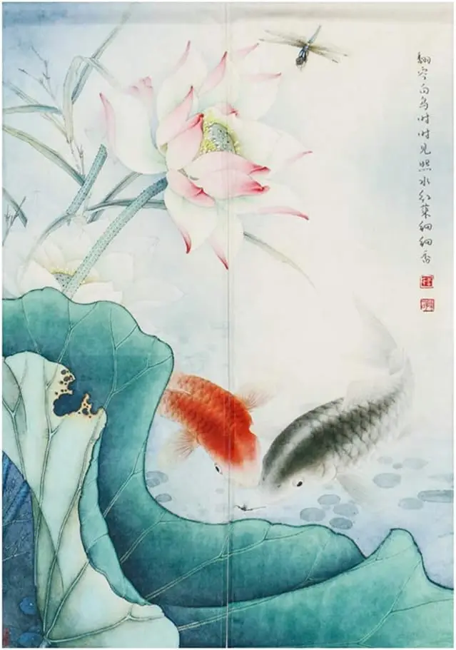 Tranquil Chinese Lotus & Fish Curtain, Light Blue Background Hand Painted Lotus, Koi & Dragonfly, Elegant Study Room Divider