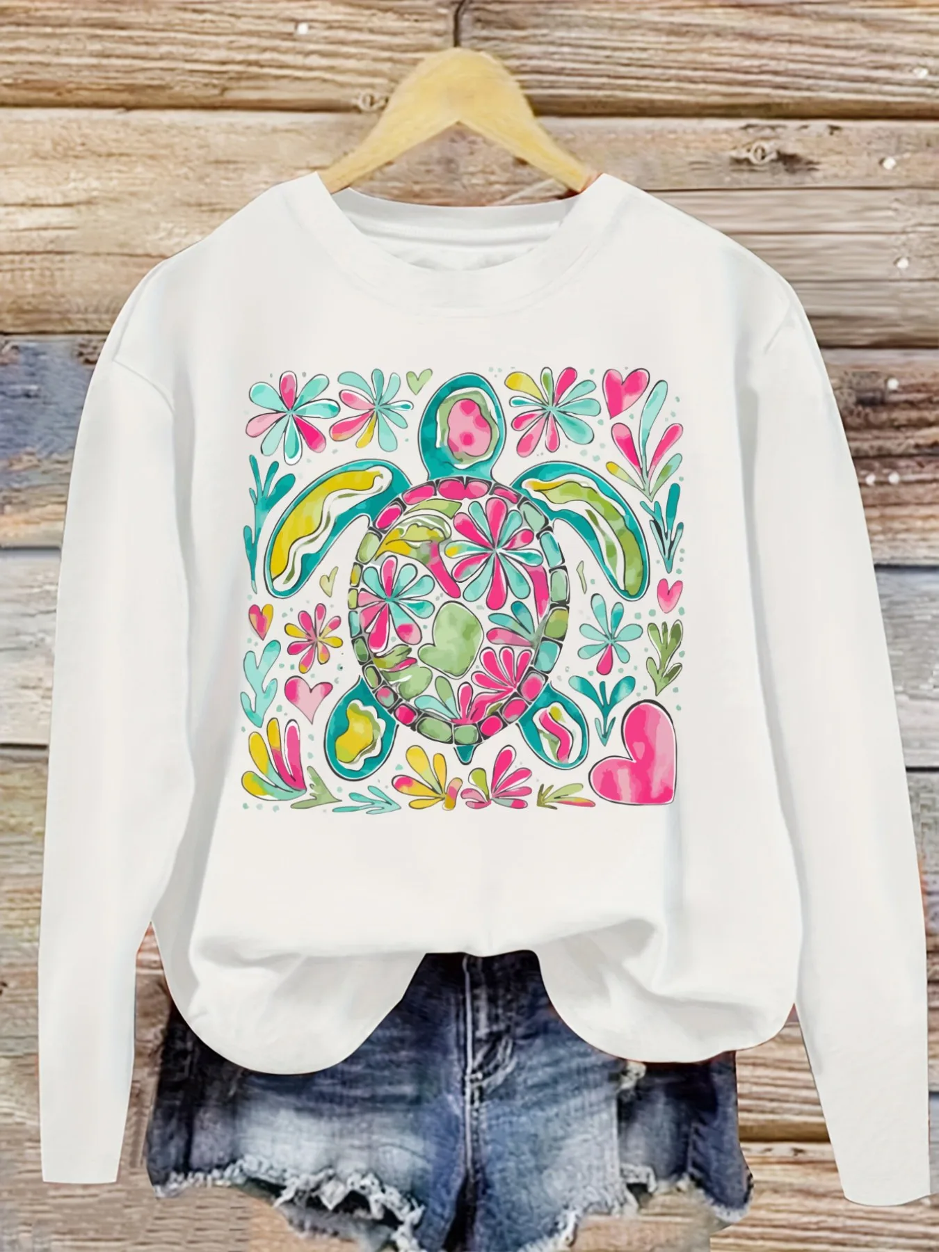 Women's Casual Long Sleeve Crew Neck T-Shirt Colorful Floral Turtle Graphic Print Design, Round Neck Women's Clothing, Machine Washable, Slightly Elastic, Loose Fit, Spring Autumn Winter Women's T-Shirt, Halloween Costume Outfit view 5