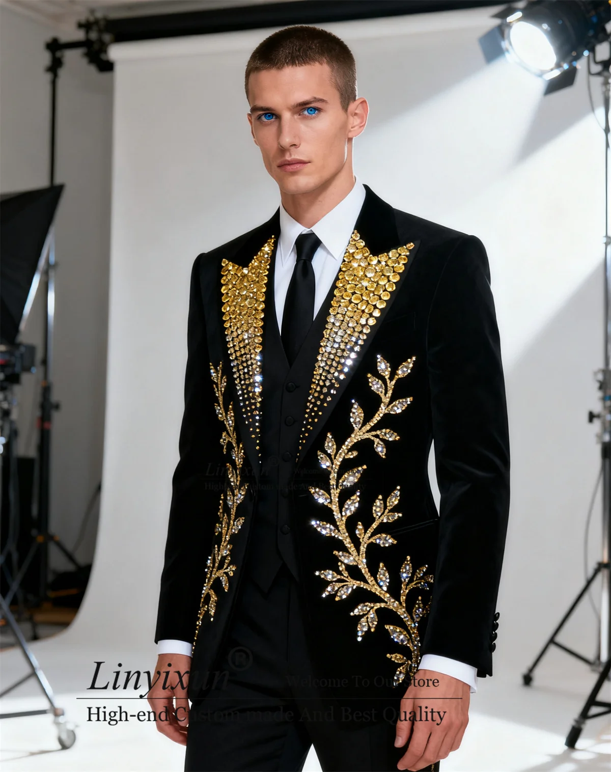 

Sparkly Jewelry Ornament Men Suits Customized 3 Piece Sets Wedding Groom Prom Blazers Slim Fit Party Tuxedos Ropa Hombre