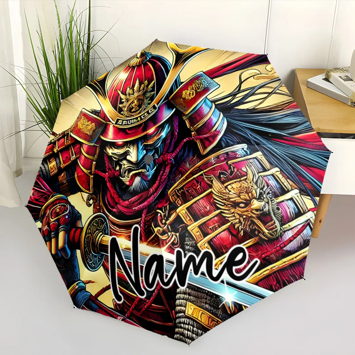 Custom Name Samurai Warrior Umbrella Design with Striking Colors Print 8 Iron Ribs Folding Umbrella Auto-Open Fashion Sunshade