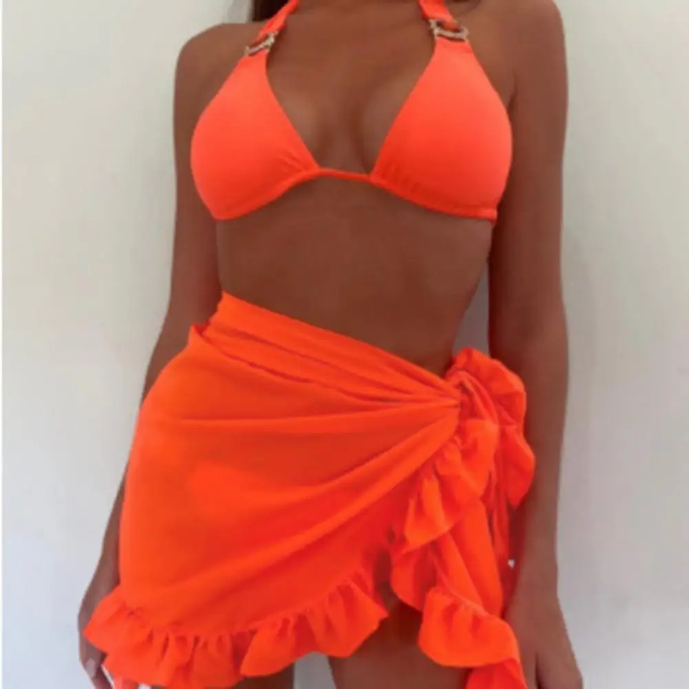 

Washable Beach Cover Up Stylish Lace-up Ruffle Trim Beach Skirt Women's Solid Color Swim Cover Up Sunscreen Bikini for Summer