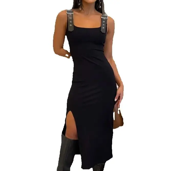 

Women's Knit Casual Slim Slit Midi Dress Daily Clothing Fashion Square Neck Pu Buckle Thick Strap Skinny Dresses for Women Wear