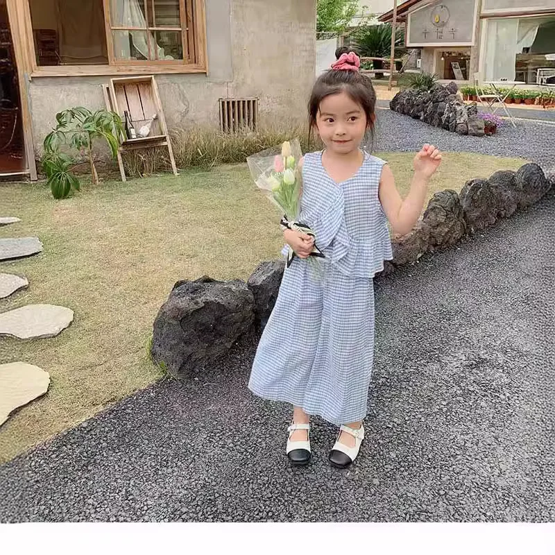 Girls' Summer Suits Fashionable Plaid Sleeveless Top+Trousers2Set Children One Piece Dropshipping