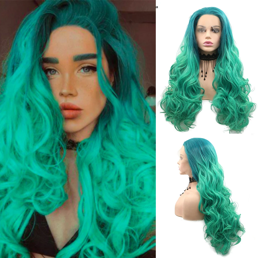 Sylvia Synthetic Lace Front Wig Ombre Green Wigs for Women Middle Part Natural Hairline Heat Resistant Fiber Party Cosplay Wigs