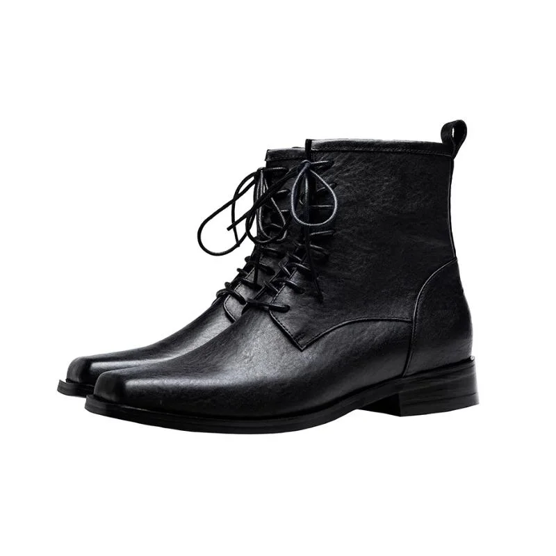 Fashion Lace Up Genuine Leather Ankle Boots Men Retro Square Toe Zip Boots Autumn Winter Mens Business Casual Work Boots 38-44