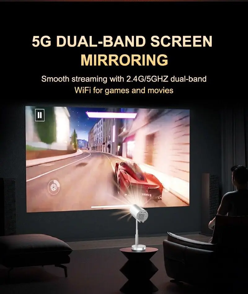 ZECAA Rotating Full HD 1080P 200 ANSI 4K 2.4G + 5G Dual Band WiFi 6 Android 11 Portátil Bluetooth 5.4 Projetor Gimbal para Casa Inteligente
