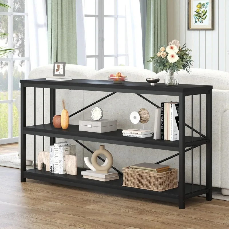 

Horizontal Bookshelf, Wood Metal 3 Tier Low Bookcase with Storage, Modern Open Etagere Bookshelves for Living Room, Fa