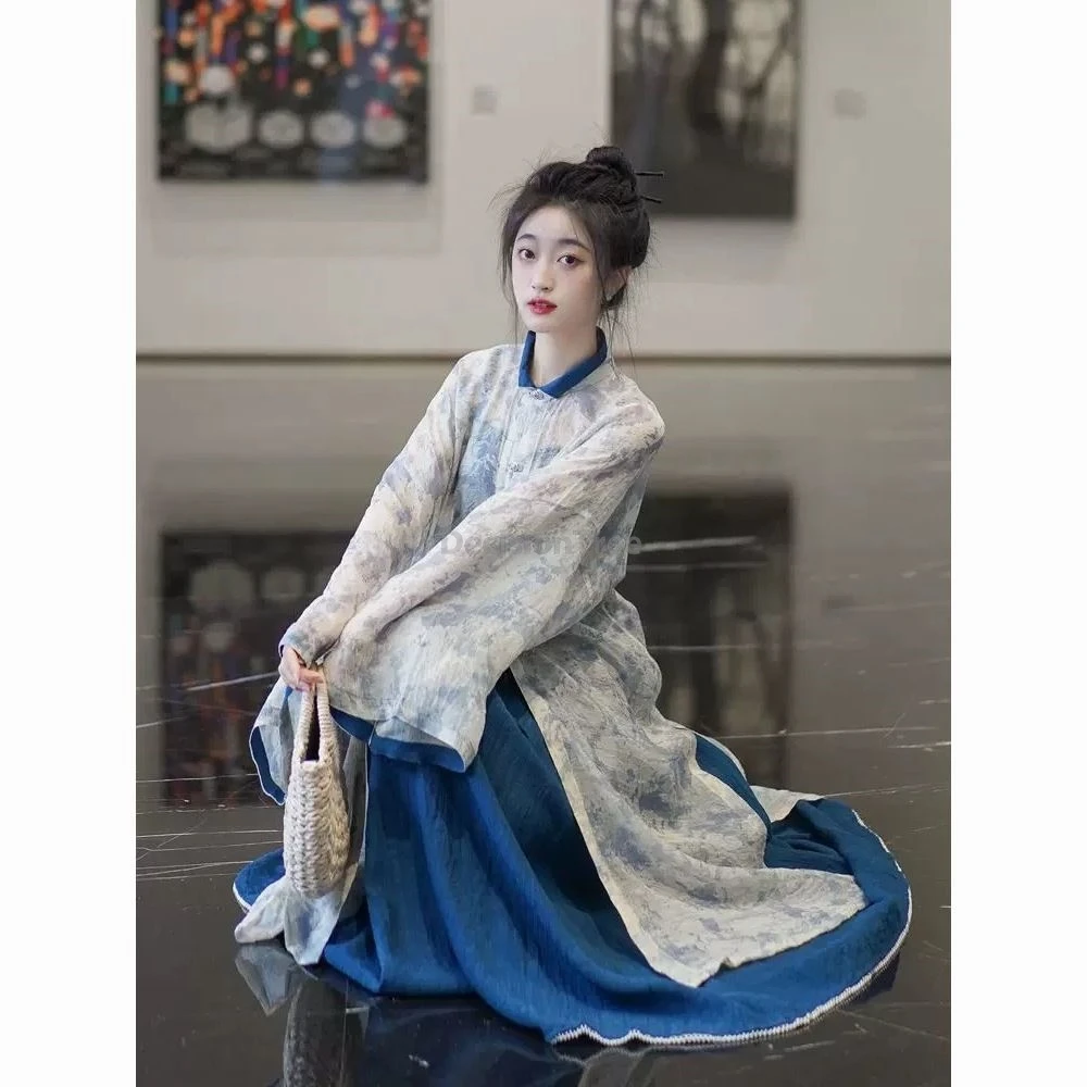 

Новинка 2023 года, улучшенный кардиган с воротником-стойкой Han Element Hanfu Ming, топ без бретелек и юбка феи, повседневный нежный стиль, комплект из 3 предметов