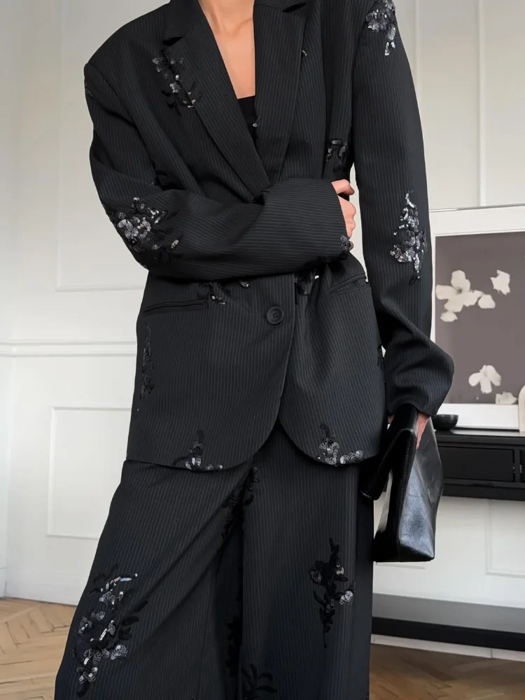 Fashion Sequinned Shirt Suit Women Elegant Lapel Long Sleeves Top Elastic Waist Pants 2Pcs Set 2026 Lady Street Spring Suits image 4